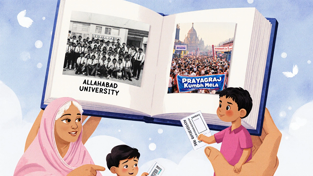 Floating family photos showing Allahabad University and Prayagraj Kumbh Mela, grandmother and grandchild looking at them.