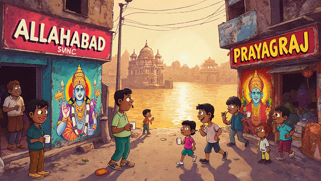 Street with murals of both old and new city names, locals with chai, children near temple ghat, rivers merging in background.