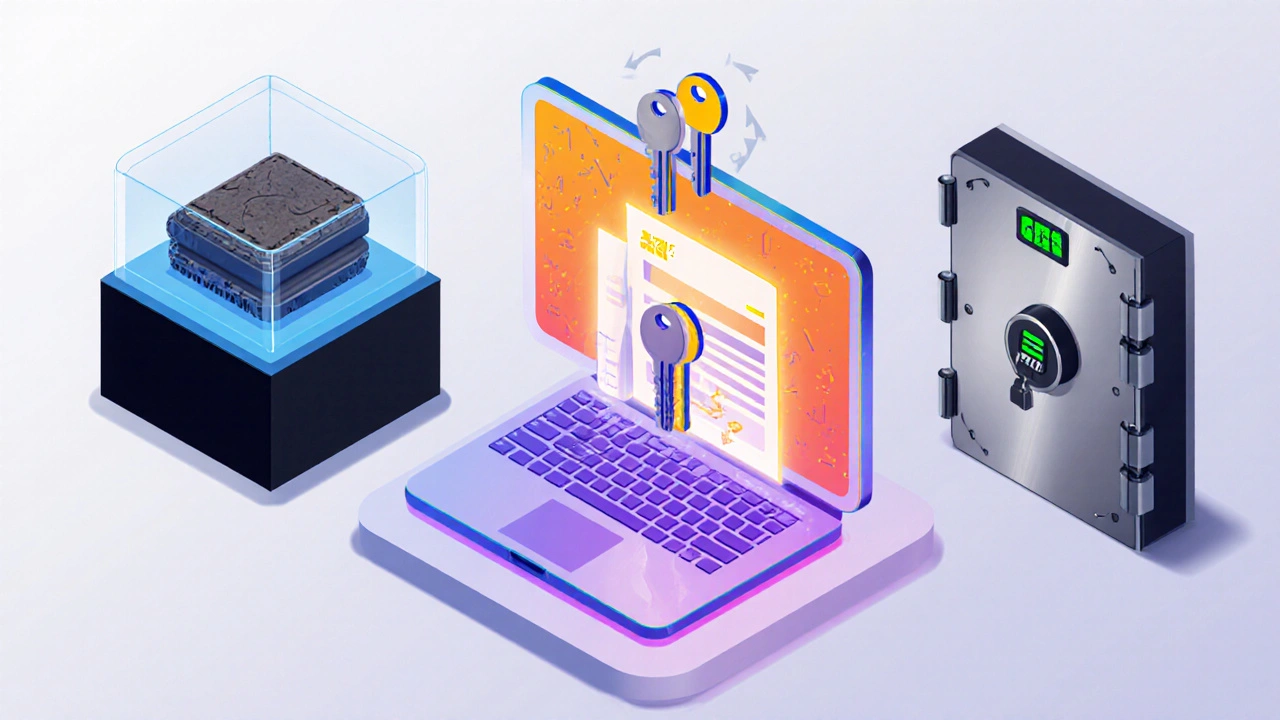 Isometric view comparing cold hardware wallet, hot wallet, multi‑signature vault, and institutional vault.