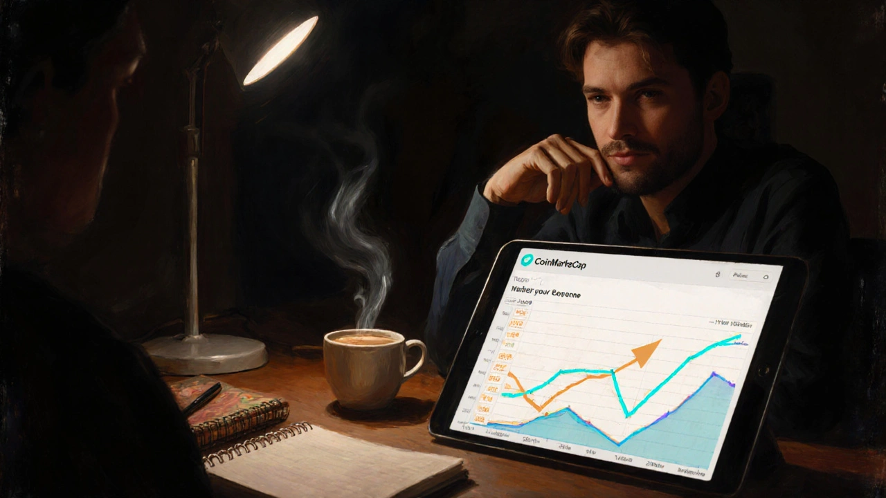 Oil‑painted scene of an analyst reviewing a crypto ranking chart with coffee and notebook.