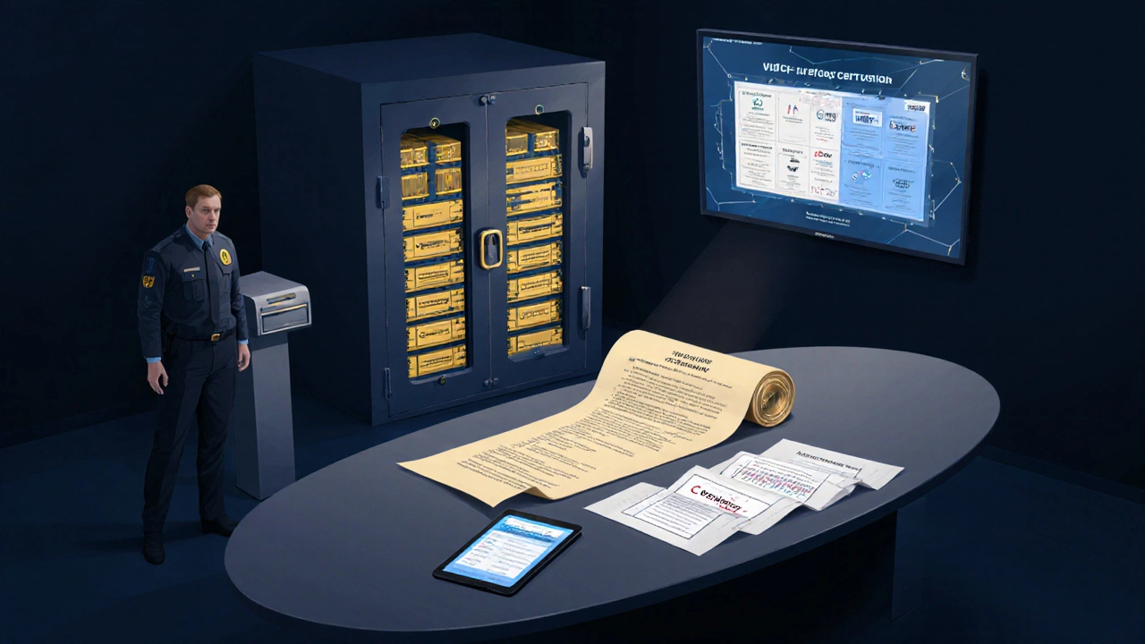 Team reviewing checklists and insurance papers beside an open vault with security modules.