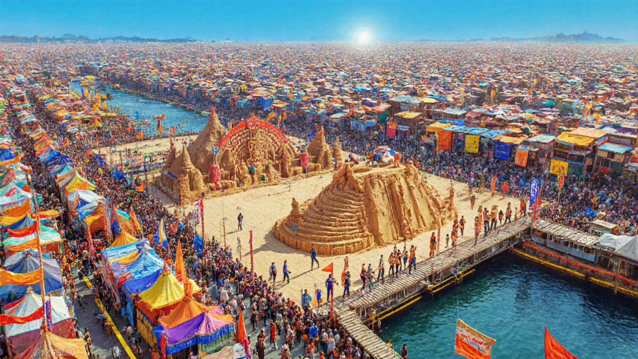 Aerial view of Kumbh Mela camp with colorful tents, crowds, and cultural performances.