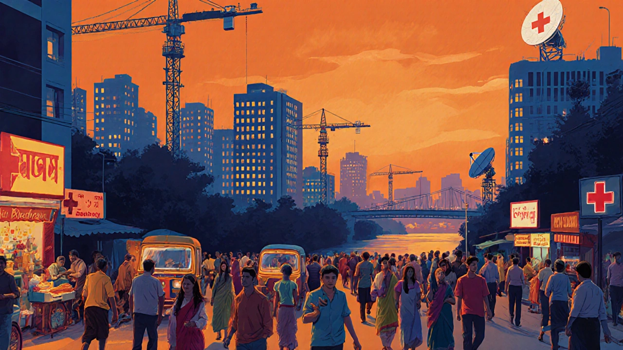 Busy Indian city street with families, construction, and modern hospitals at dusk.