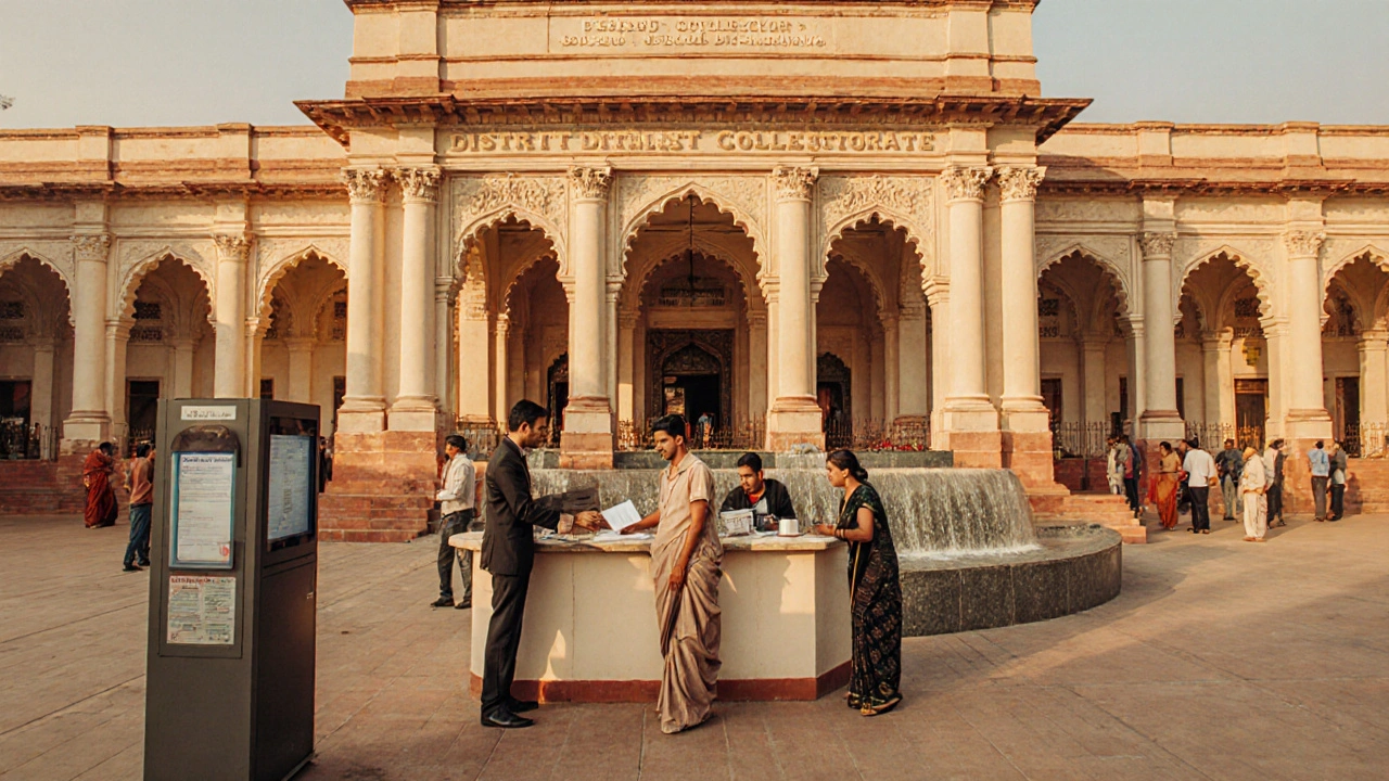 Citizens receiving services at the District Collectorate building in Prayagraj.