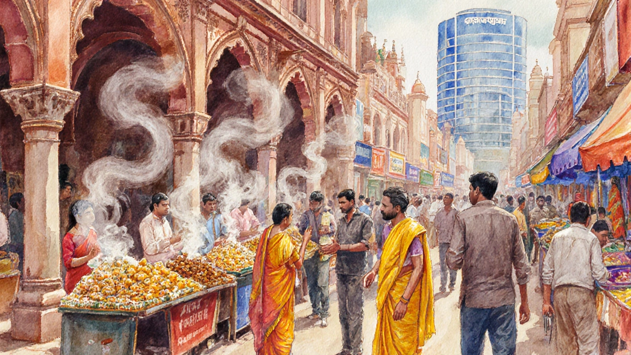 Colorful market street showing diverse food stalls and crowds in colonial and modern surroundings.