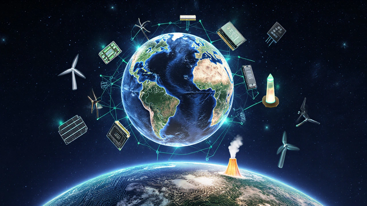 Concept art of a digital globe with mining hardware connected by blockchain strands amid renewable energy symbols.