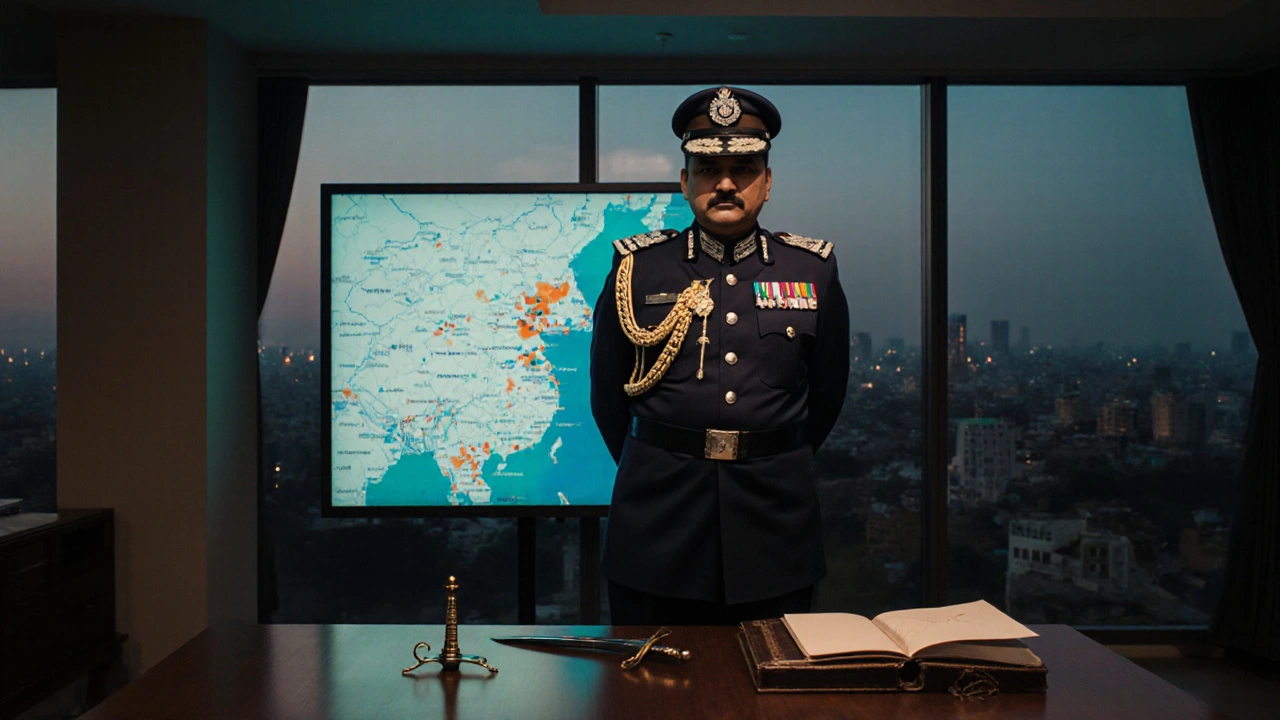DGP in uniform overlooking a glowing map of Uttar Pradesh from a modern office at dusk.