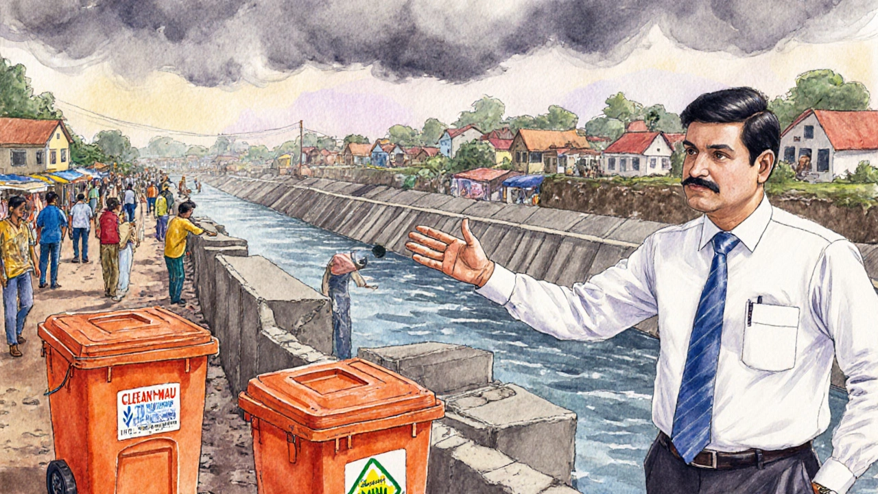 District Magistrate inspecting riverbank reinforcement and waste bins during monsoon.