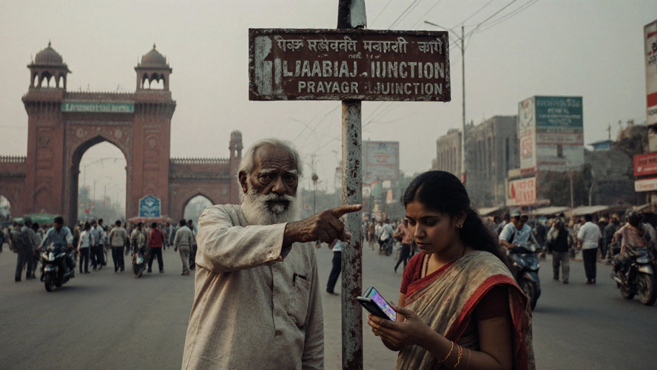 Elderly man pointing to old &#039;Allahabad&#039; railway sign while young woman checks digital map.