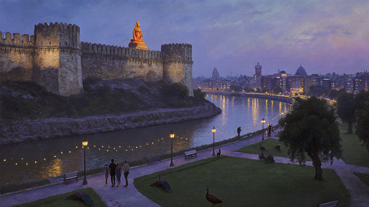 Evening view from Allahabad Fort over lit riverfront walk, park, and city skyline.