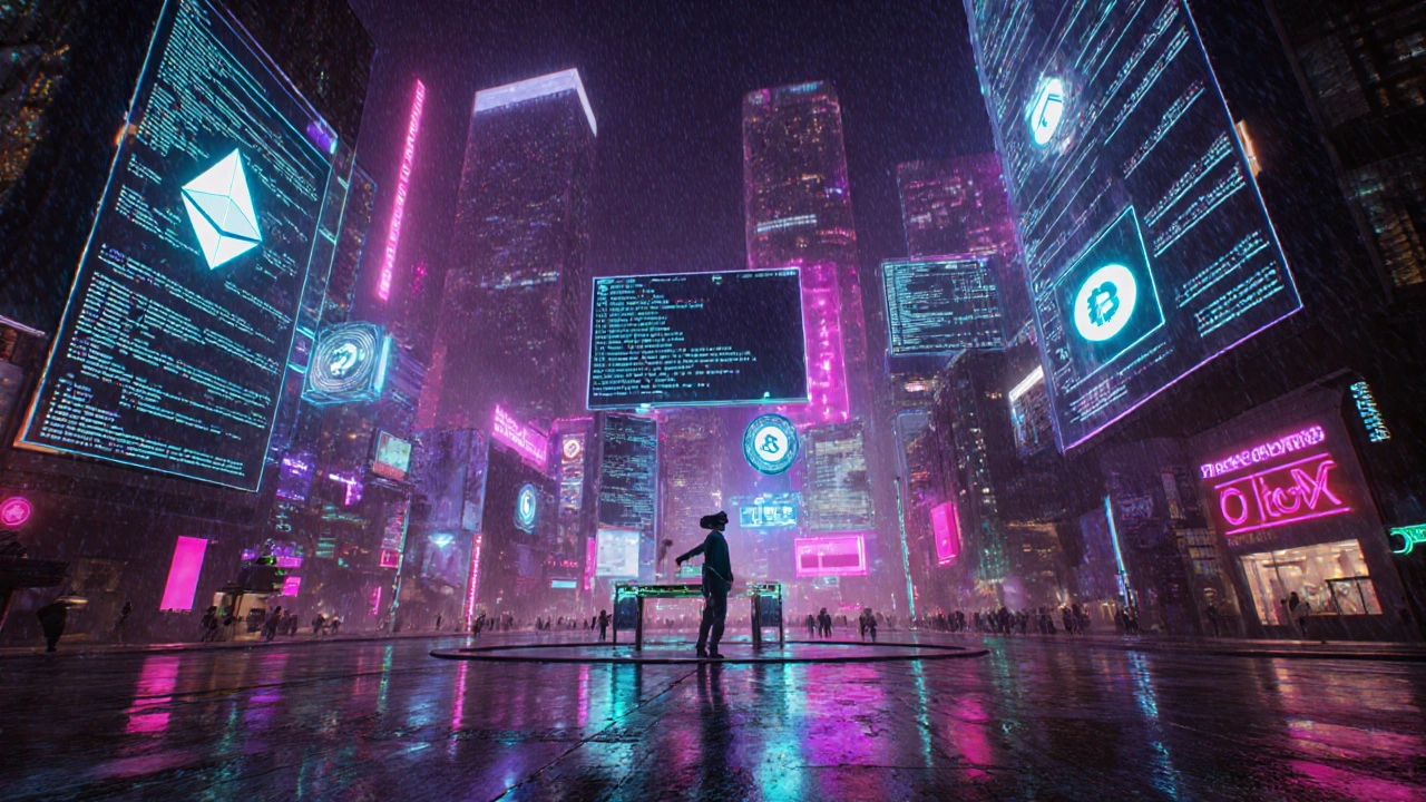 Futuristic cityscape with blockchain towers, holographic smart contracts, NFTs and metaverse avatars.