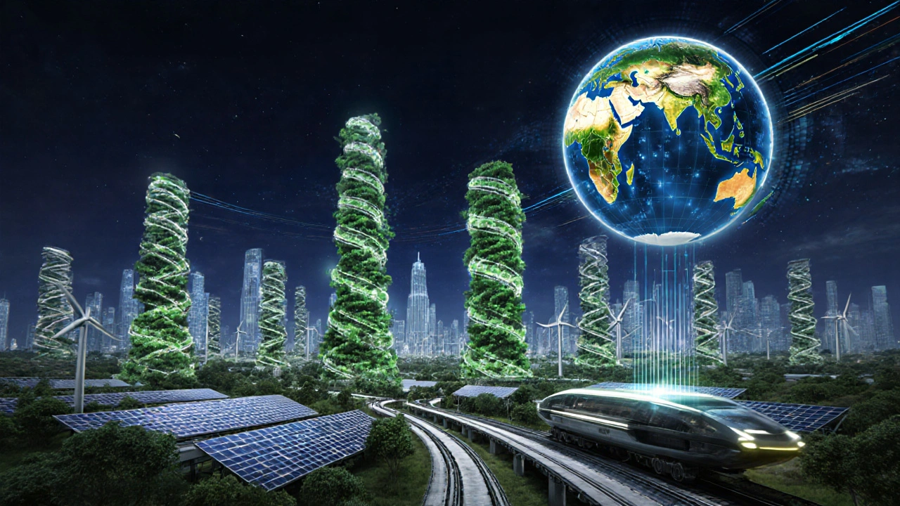 Futuristic Indian skyline with green tech and holographic population flows.