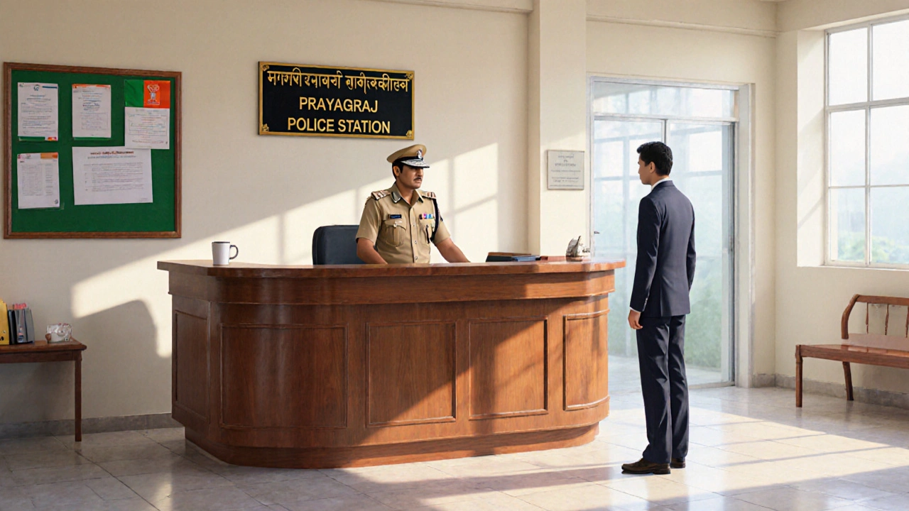 Inside a Prayagraj police station lobby with officer at the desk and welcoming atmosphere.