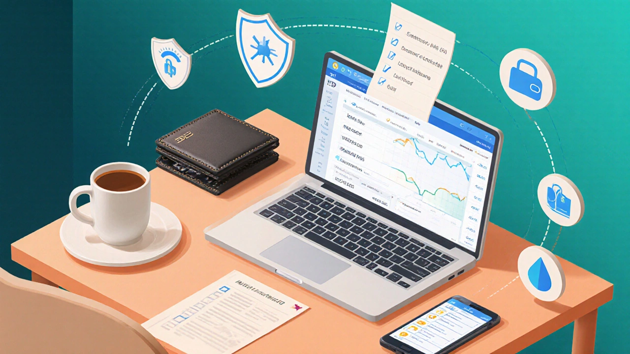 Isometric desk scene with hardware wallet, laptop showing DEX, and icons for security and gas fees.