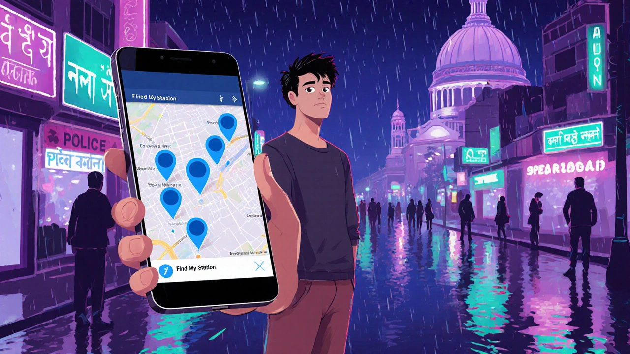 Person on a night street using a phone app to locate the nearest police station.