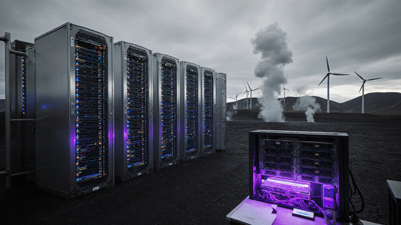 Photorealistic mining farm in Iceland with rows of ASICs, GPU rigs, and wind turbines in the background.