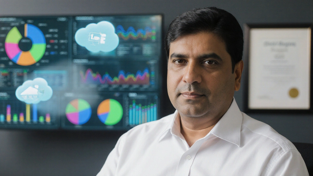 Portrait of Raghav Singh in a modern office with financial dashboards behind.