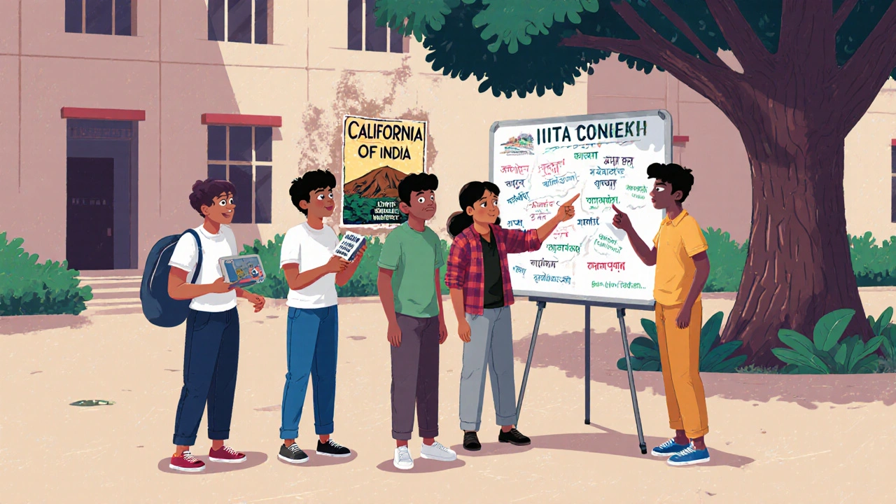 Students at IIIT Prayagraj discuss tech ideas on campus, with a faded &#039;California of India&#039; poster in the background.