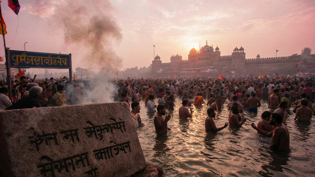 Thousands of pilgrims bathing at Triveni Sangam during Kumbh Mela at dawn.