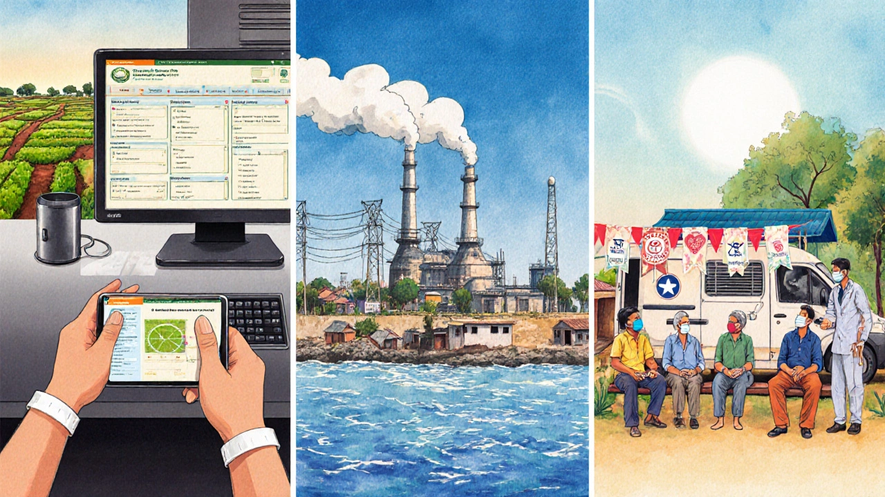 Three-panel illustration of digital land portal, waste‑to‑energy plant, and vaccination drive.