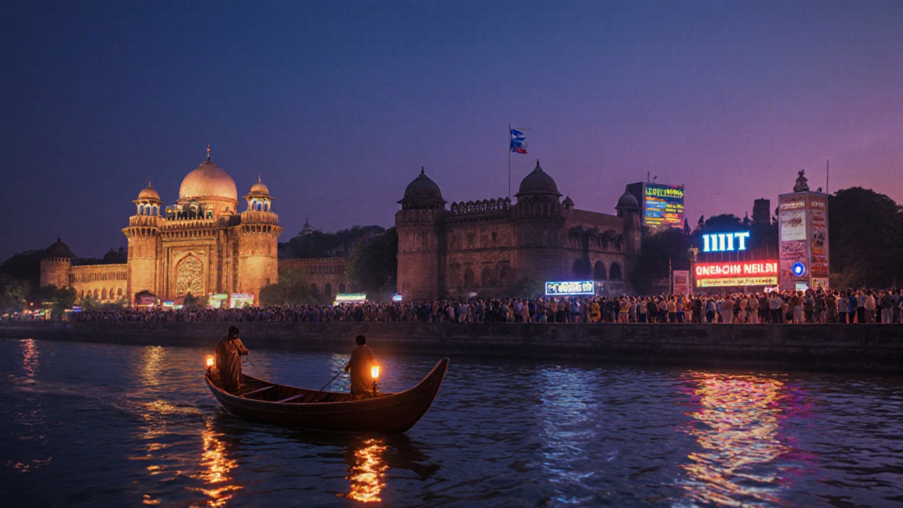 Twilight scene of a boat on the Ganges beside lit High Court, Fort, and Kumbh Mela crowd.