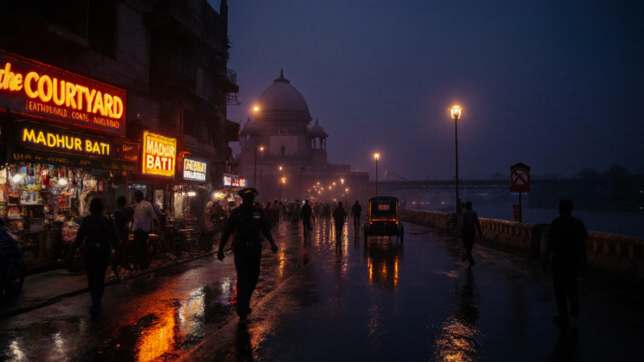 Twilight scene of MGRoad with street lamps, pedestrians, and rickshaws.