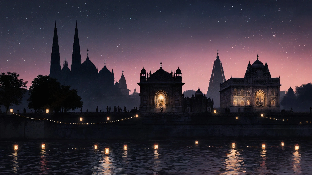 Twilight skyline of Prayagraj highlighting major temples, cathedral, and historic mansion.