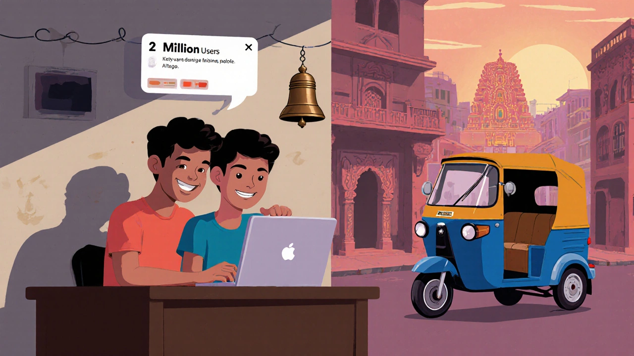 Two young founders celebrate a milestone in their small office as a temple bell rings outside.