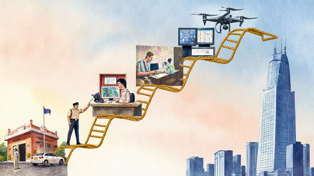 Watercolor ladder winding through police outpost, district office, crime branch, and command centre.