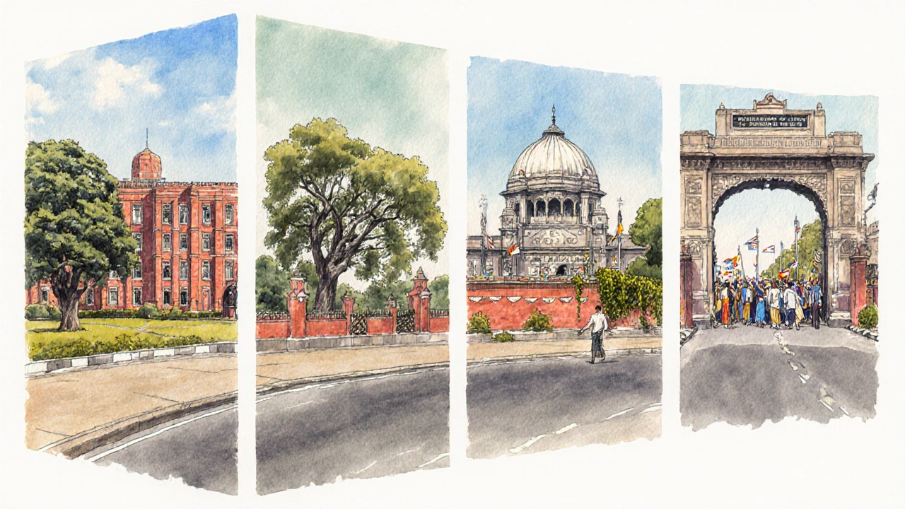 Watercolor travel poster showing University, High Court, Anand Bhavan, and Kumbh Mela gate.