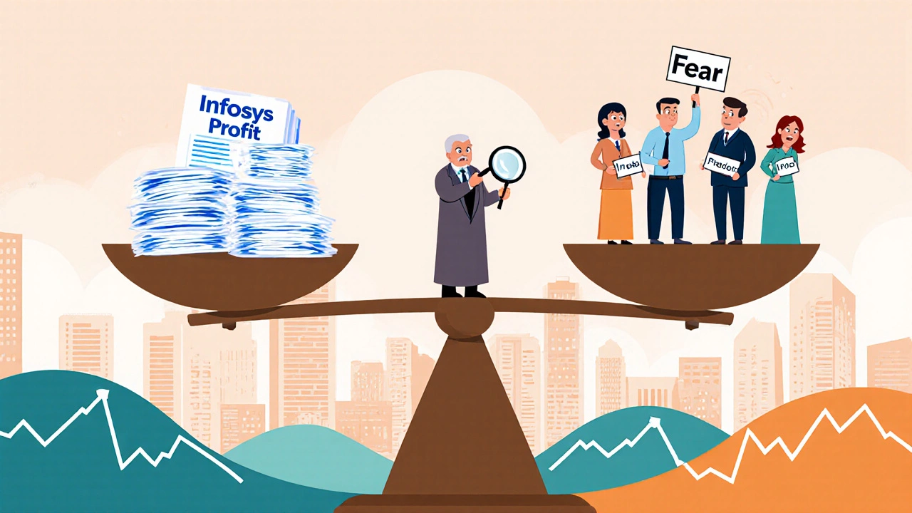 A balance scale weighing company earnings against investor fear in India.