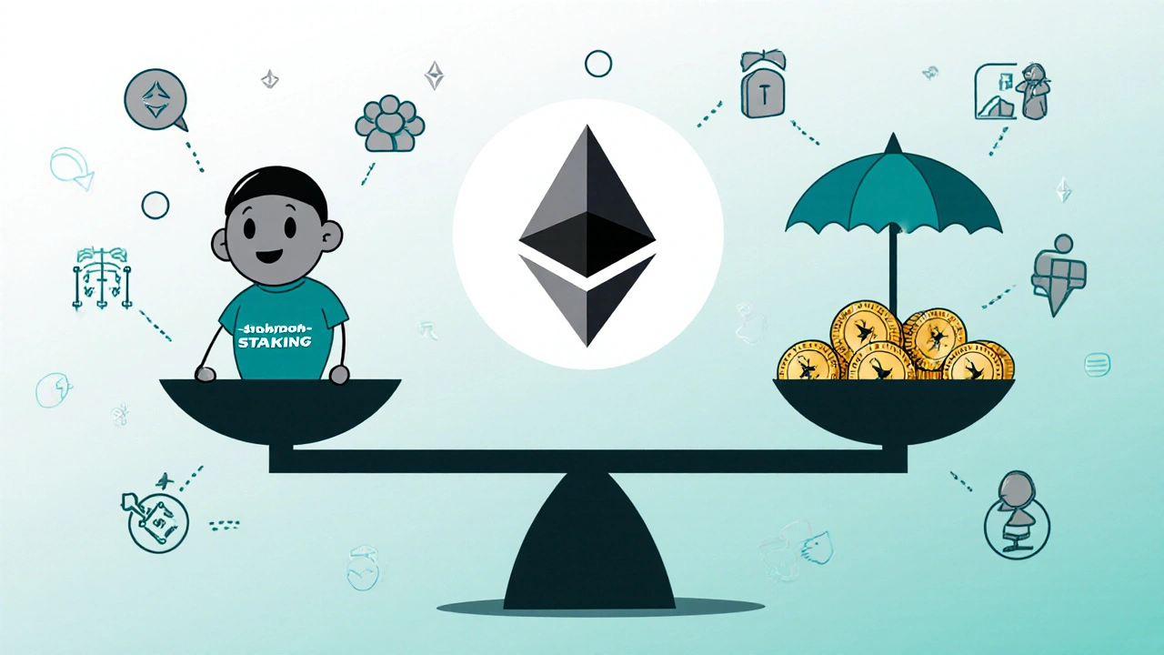 A balanced scale comparing solo staking and staking pools, with icons for risk, liquidity, and decentralization in a cartoon illustration.