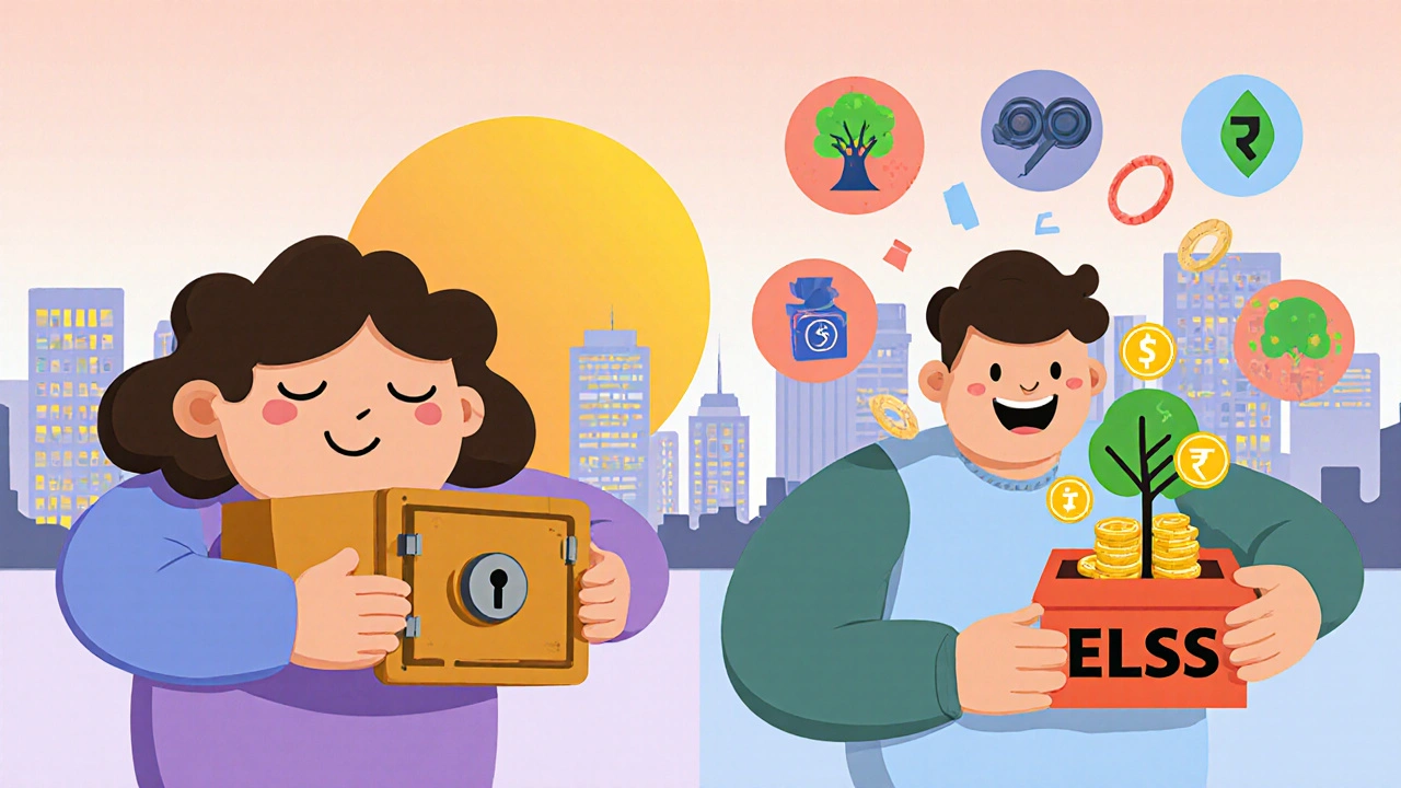 A comparison of a heavy PPF vault versus a light ELSS box unlocking after 3 years, with other investment options looking dull.