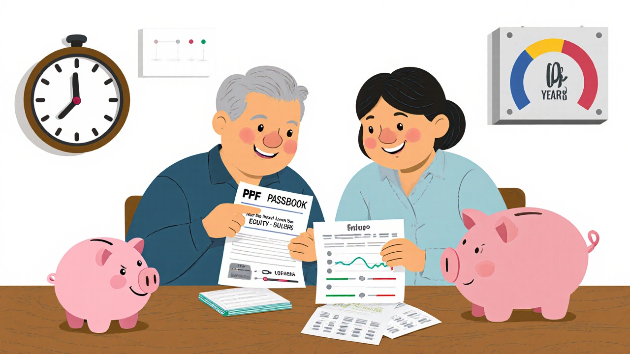 A couple reviewing PPF and NPS documents at home, with a child’s piggy bank and a distant retirement clock.