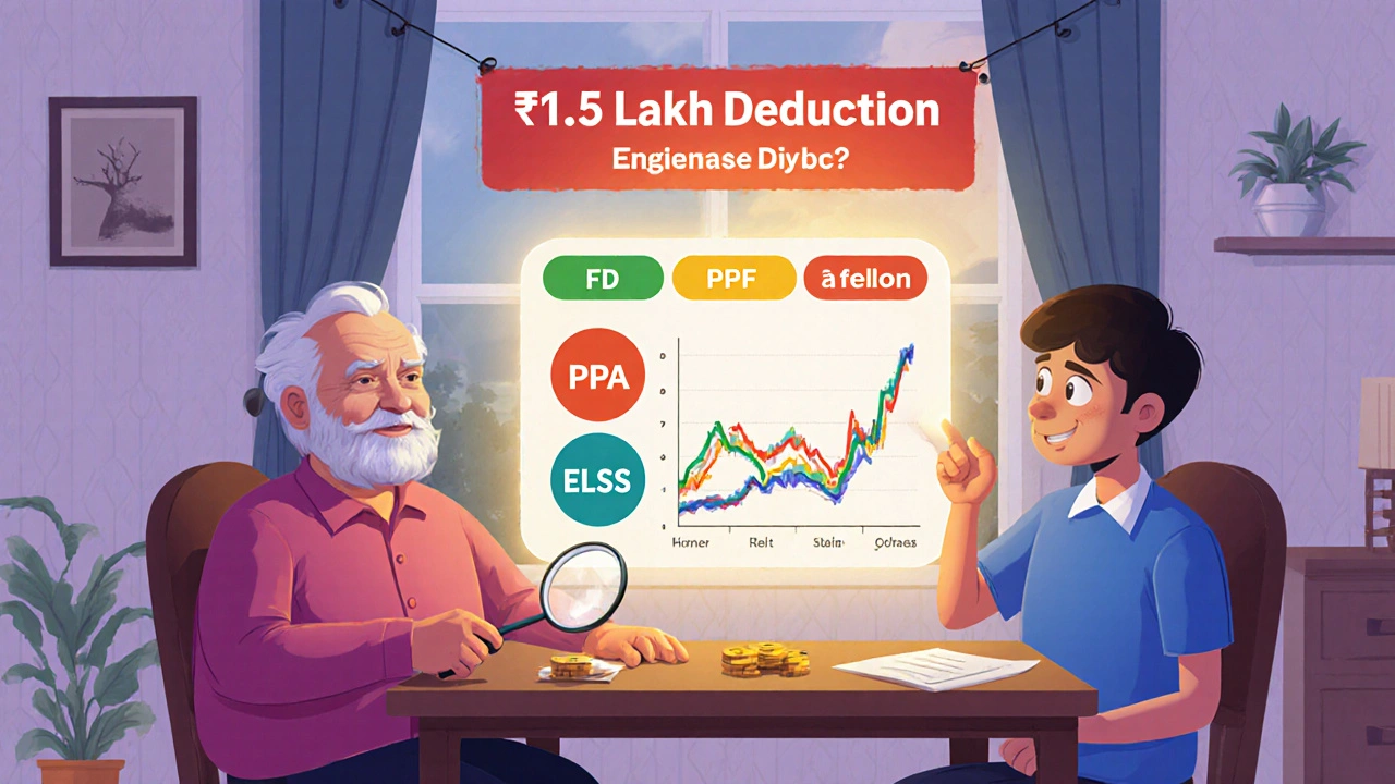 A family comparing tax-saving investment options on a chart at home, with FD highlighted.