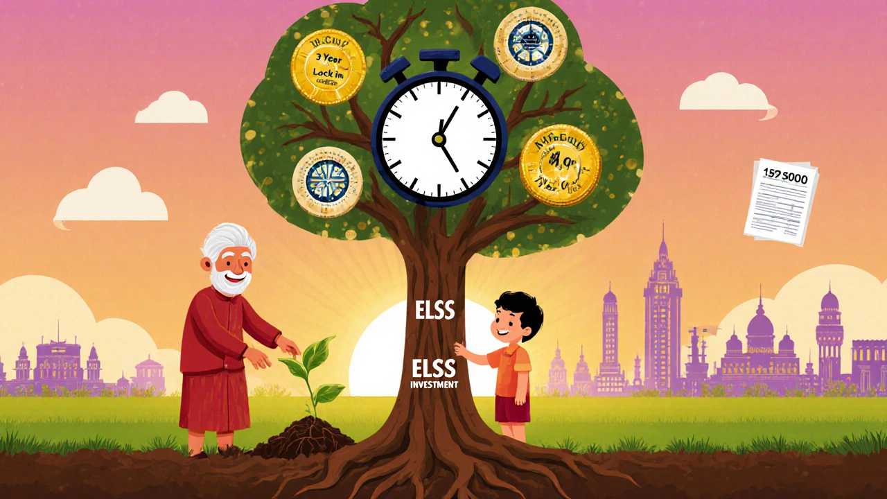 A family planting an ELSS tree with SIP roots growing into long-term wealth