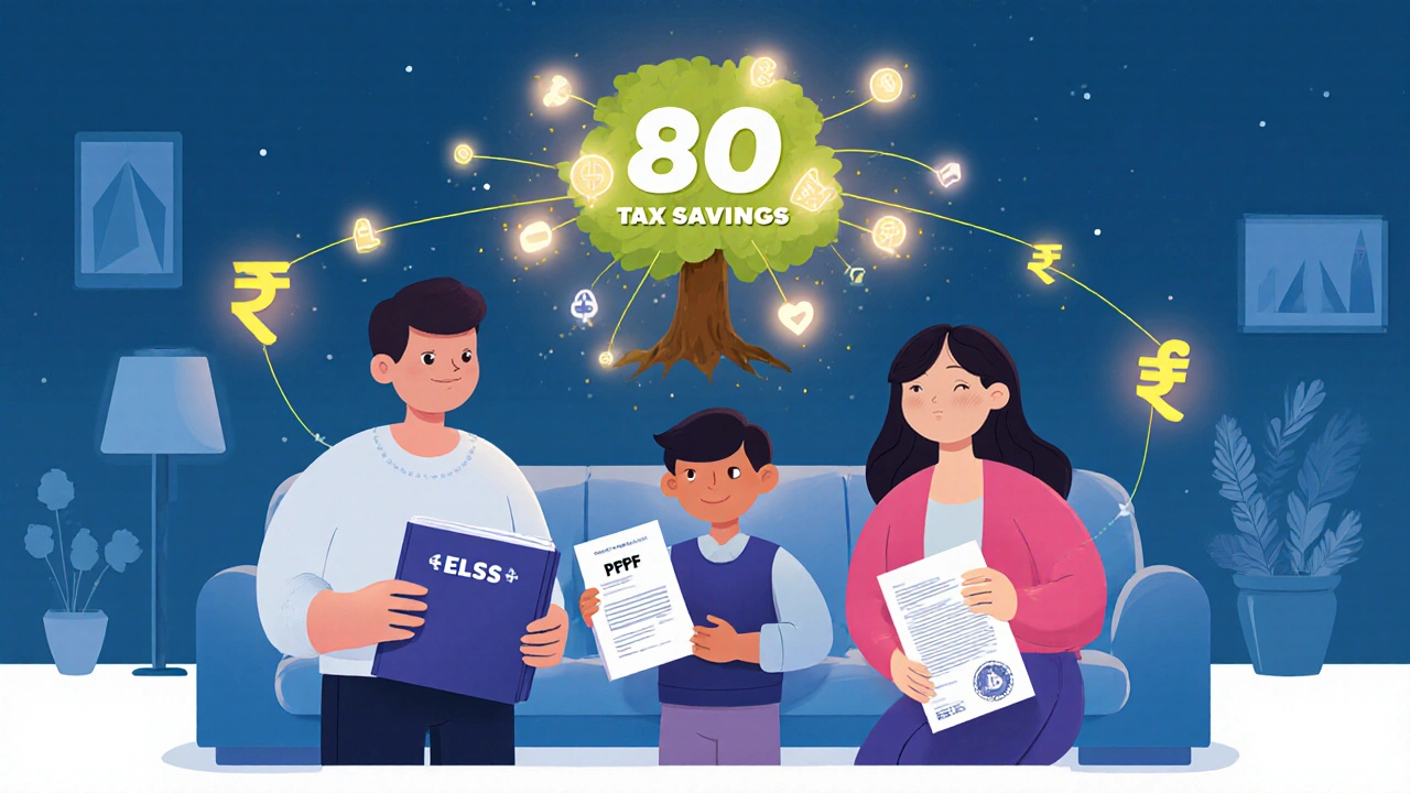 A family surrounded by investment proofs connected to a tax savings tree, symbolizing compliant 80C investments.