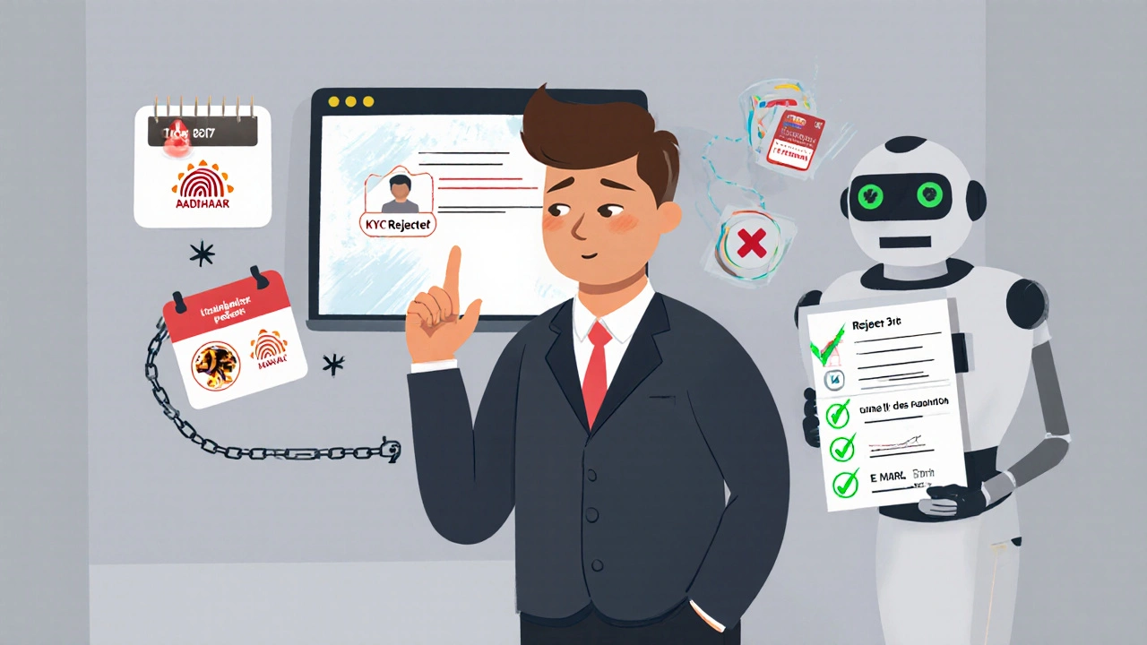 A man frustrated by a rejected KYC screen, with disconnected cards and a frozen bank icon, a helpful robot nearby.