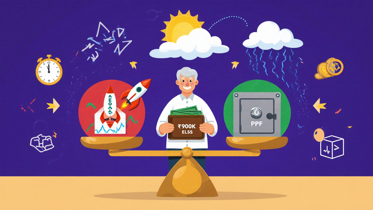 A person balances ELSS and PPF investments on a scale, representing a smart hybrid financial strategy.