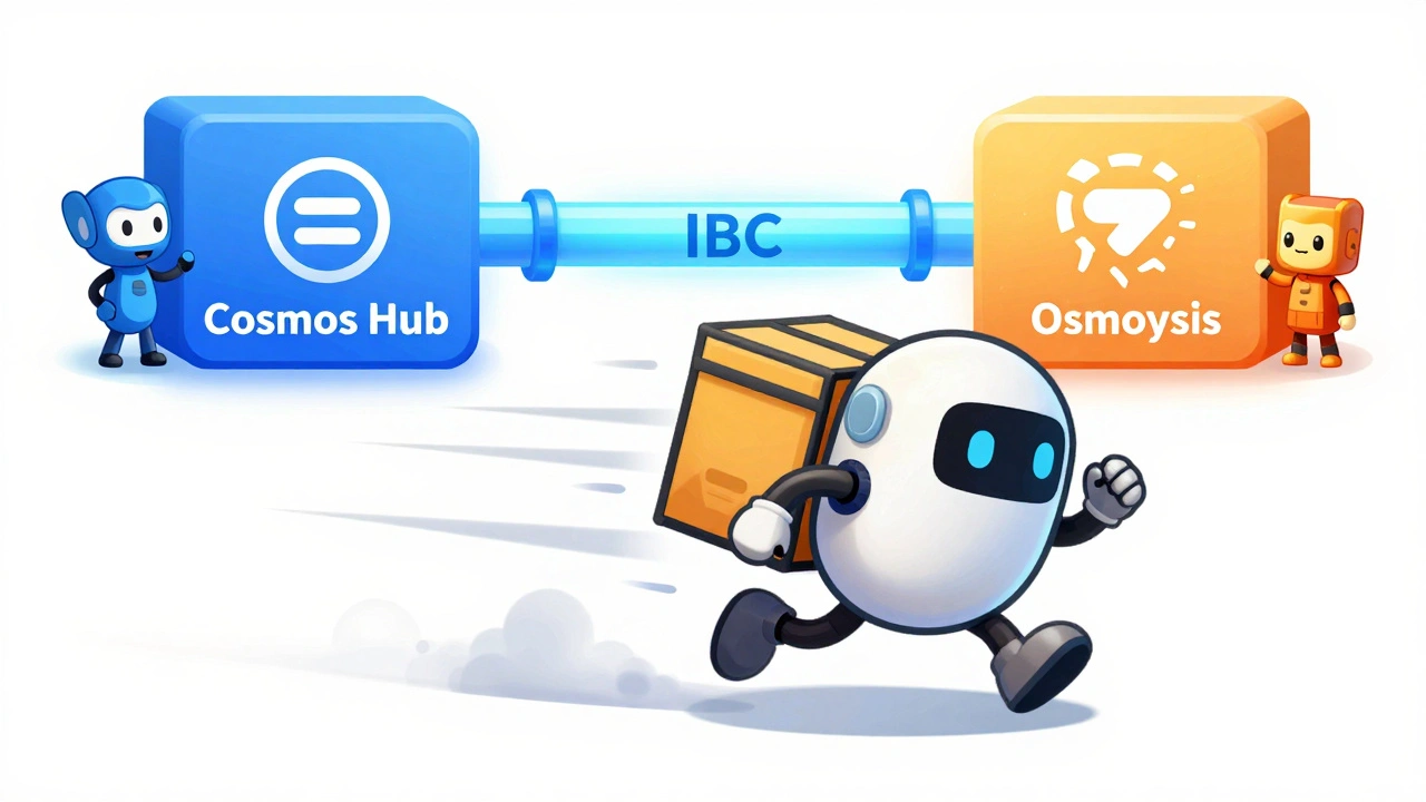 A quirky delivery robot carrying data packets between two blockchains with glowing channels.