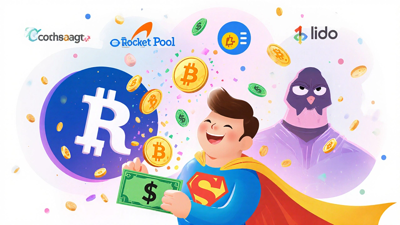 A relaxed person holding a  bill turning into a stETH token, with rewards raining down and a friendly pool logo in the background.