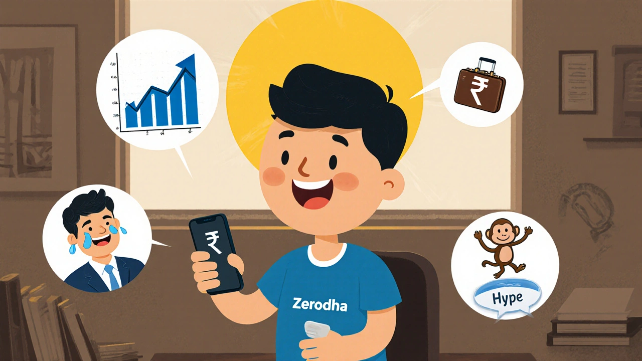 A retail investor surrounded by market icons like FPI, hype, and stock charts.