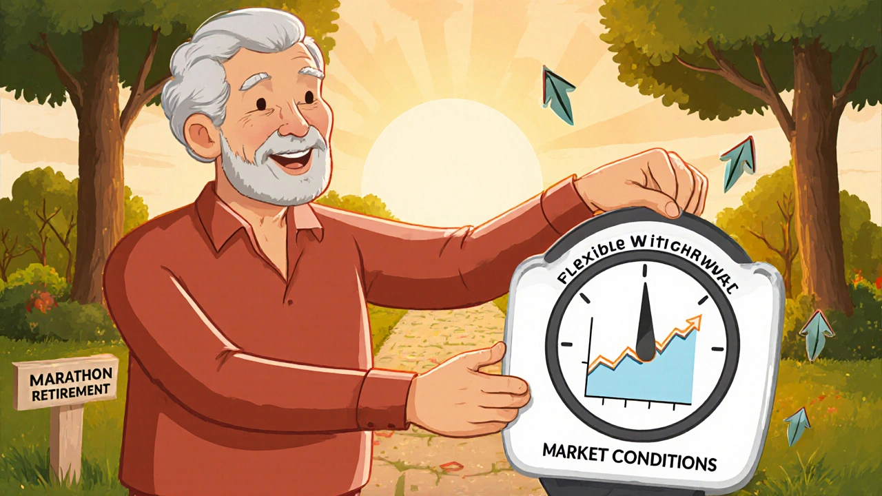 A retiree adjusting a withdrawal dial with a protective cash shield against market drops.