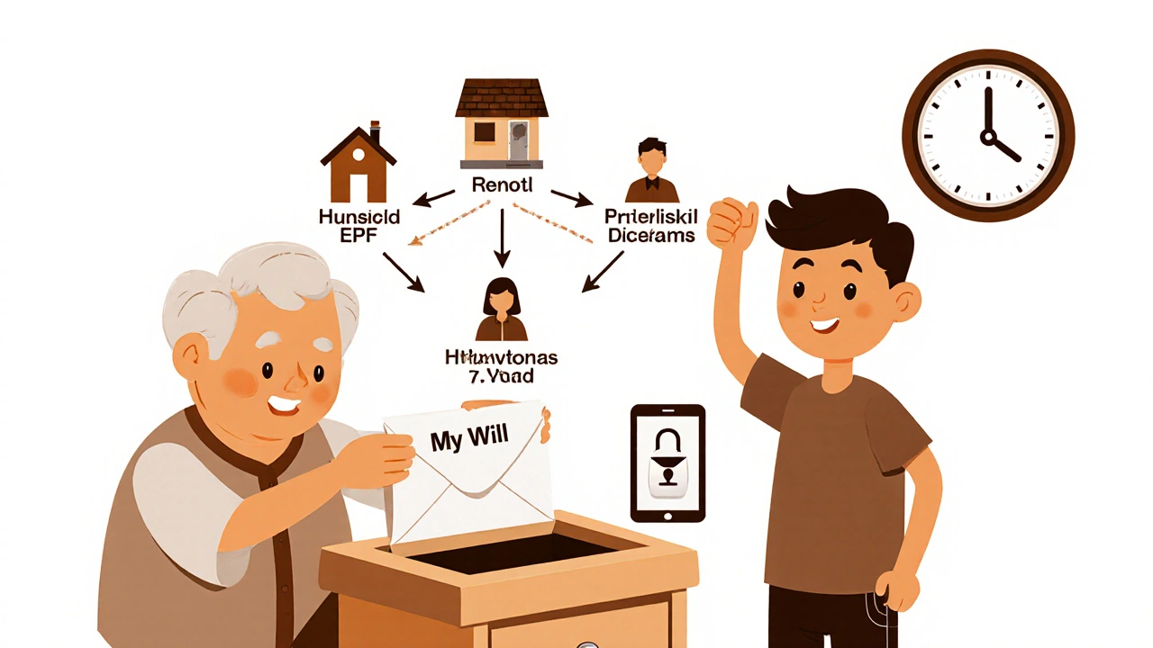 A retiree placing their will in a safe box as a young executor watches, with a family tree and digital assets visible in the background.