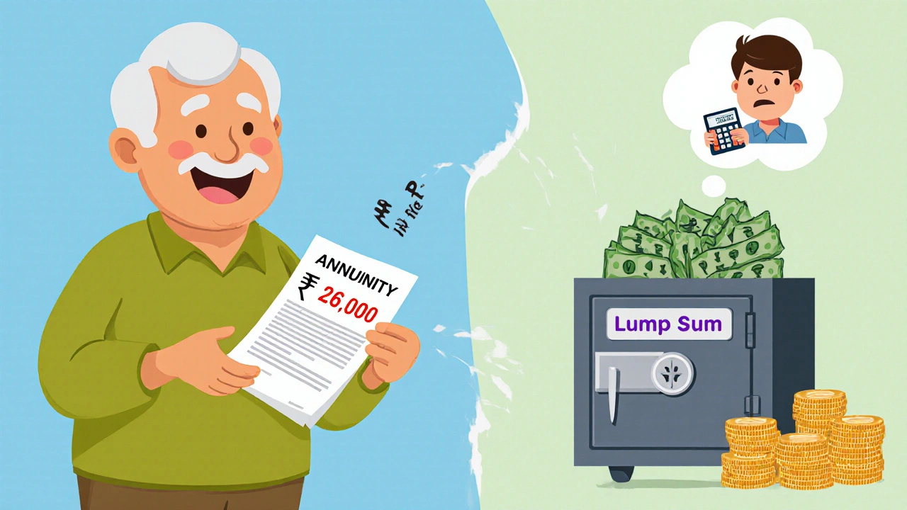 A retiree receiving a monthly pension while a lump sum is locked away, showing the NPS annuity structure.