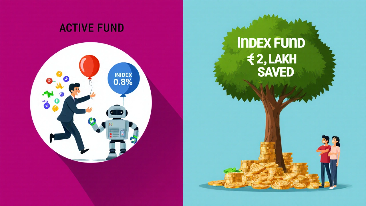 A side-by-side comparison of an active fund with high fees and an index fund with low fees and a growing money tree.