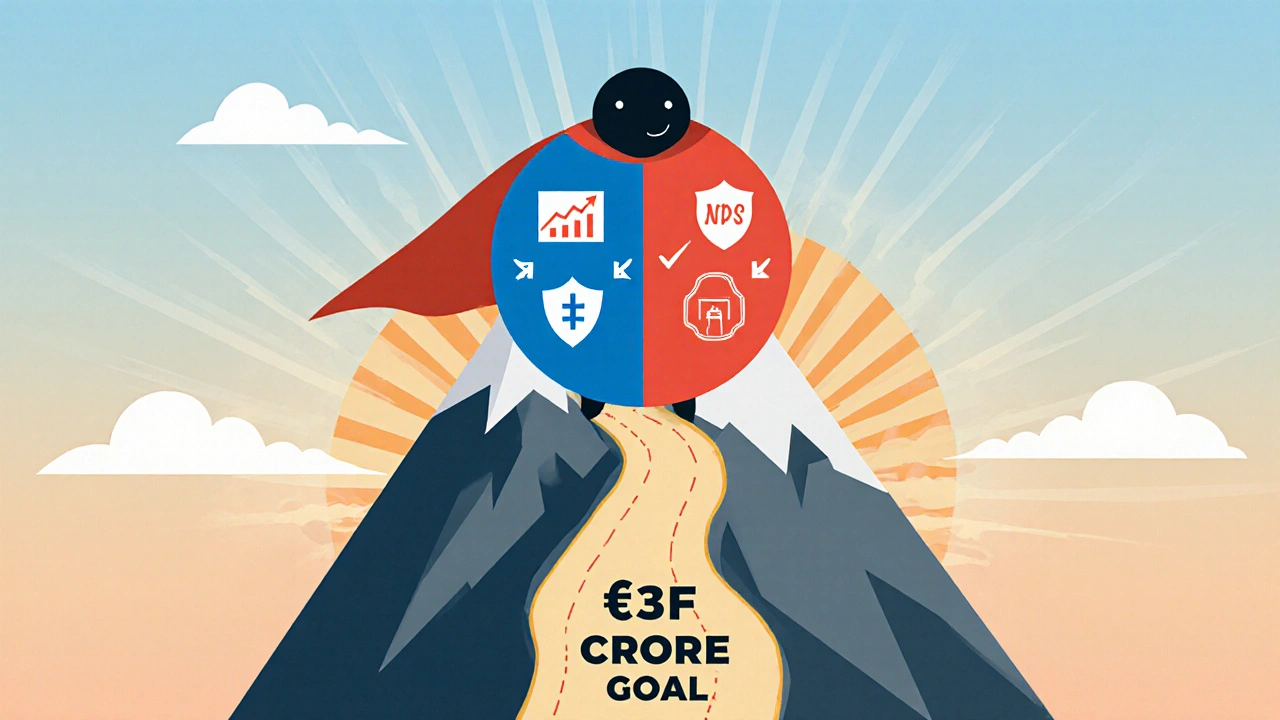 A superhero character with NPS and PPF-themed cape standing atop a mountain labeled ₹3 Crore Goal.
