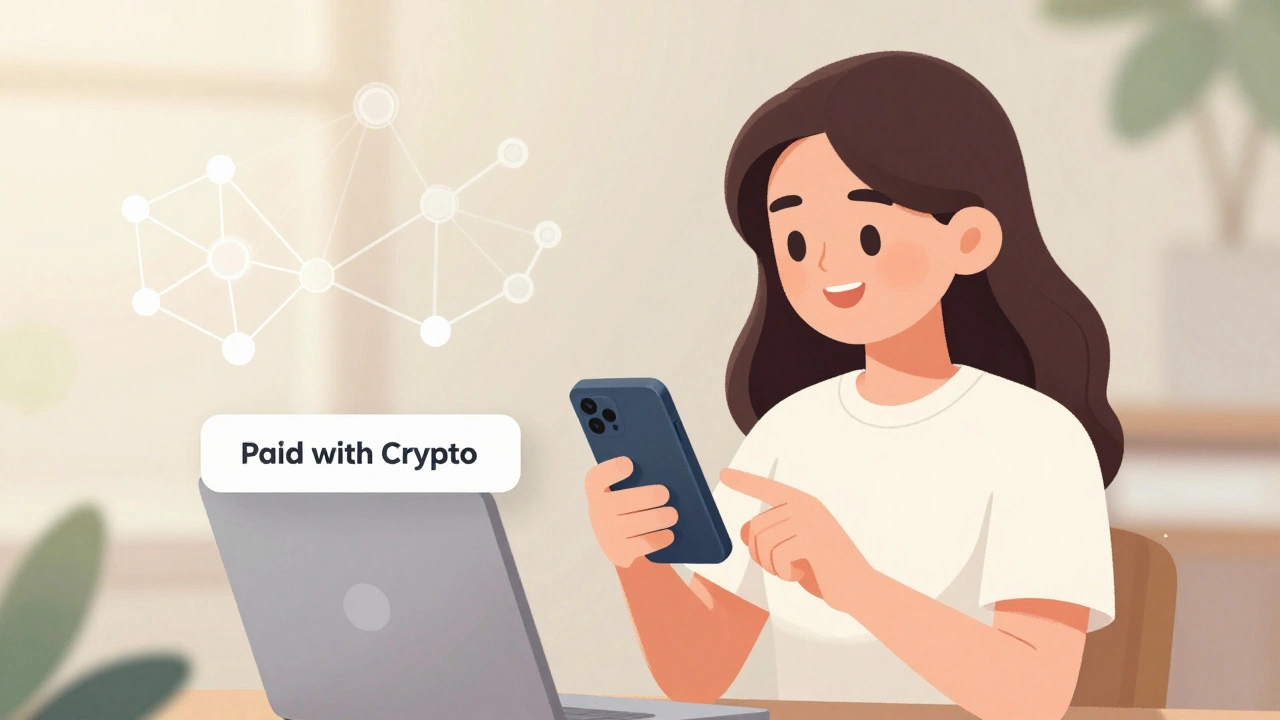 A teenage girl paying for an online course with crypto, no technical details visible, just a simple confirmation.