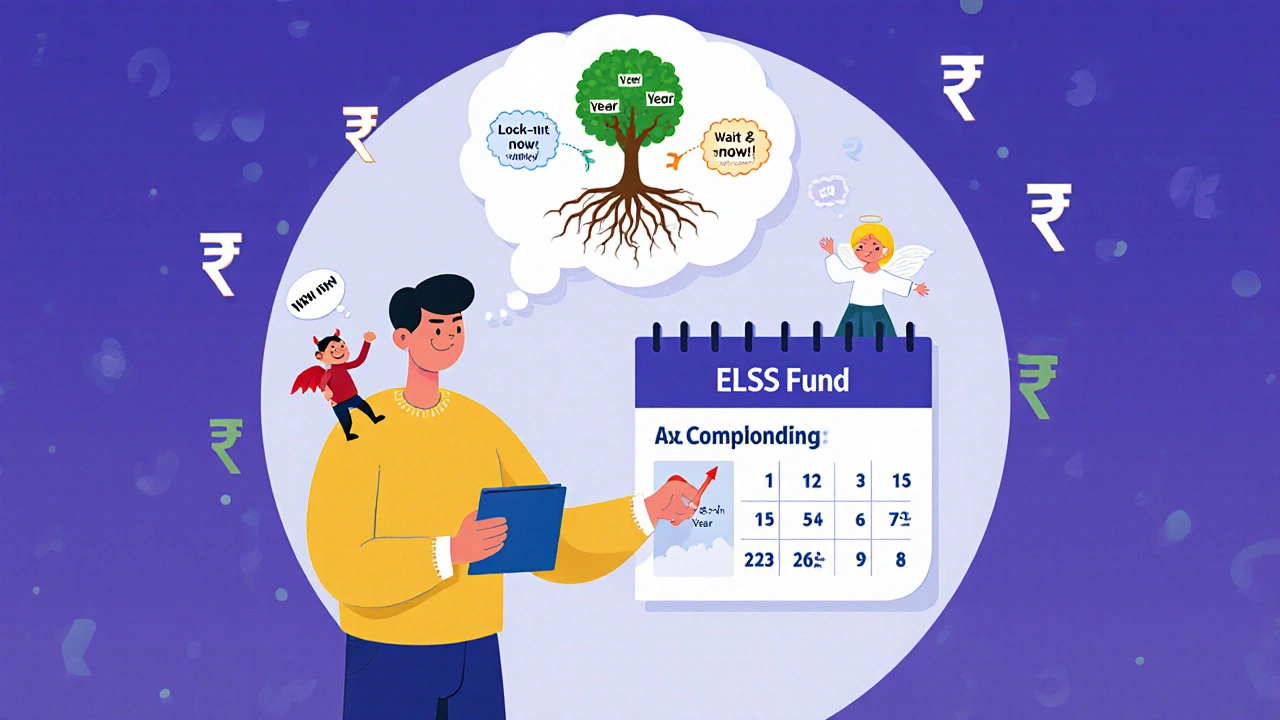 A young professional setting up automatic ELSS investments, with a thought bubble showing long-term growth through compounding.