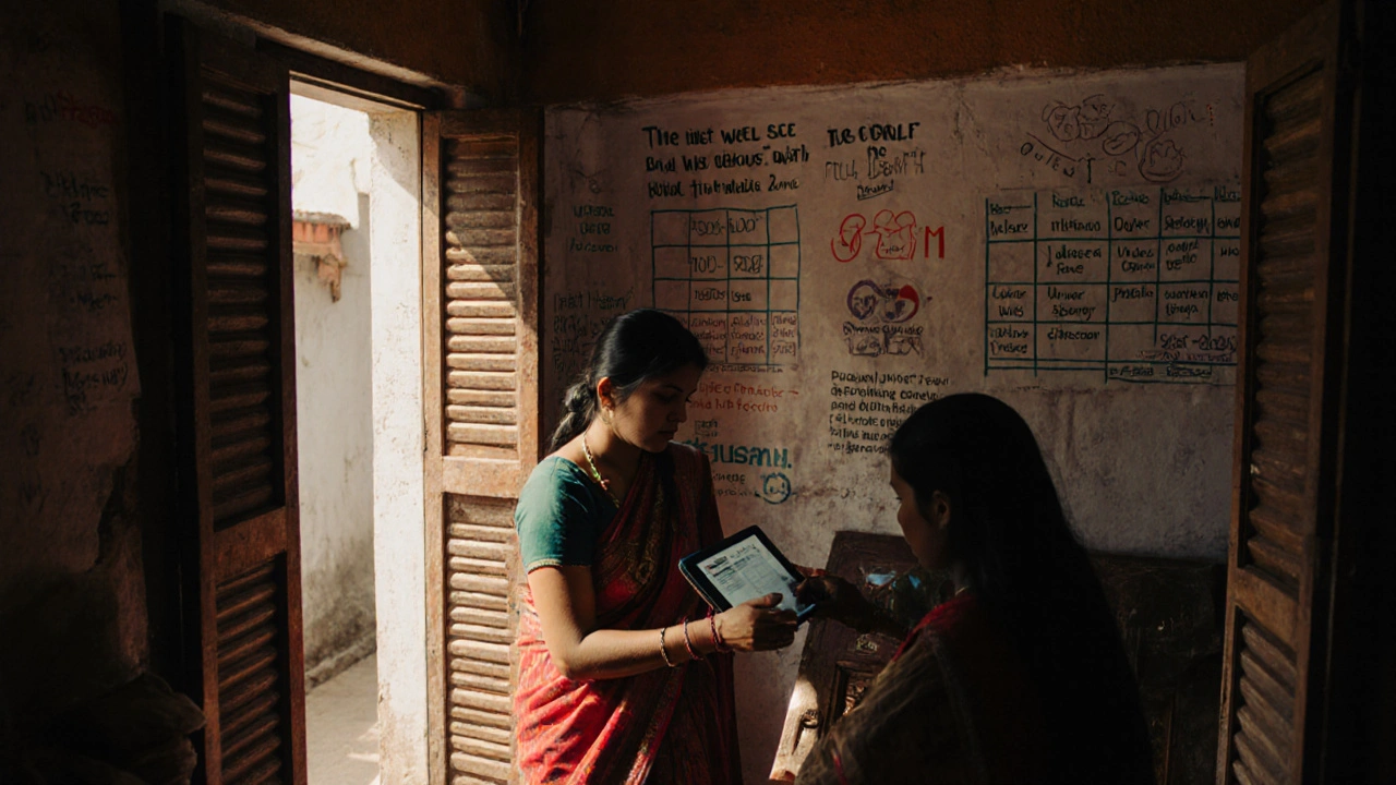 A young woman teaching rural girls digital marketing in a small coaching center.